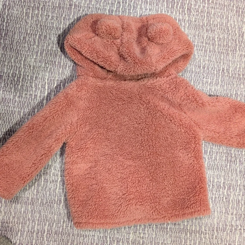 Carters Baby Girls 9m Pink Sherpa Bear Hooded Jacket + Cloud Island Leggings Set